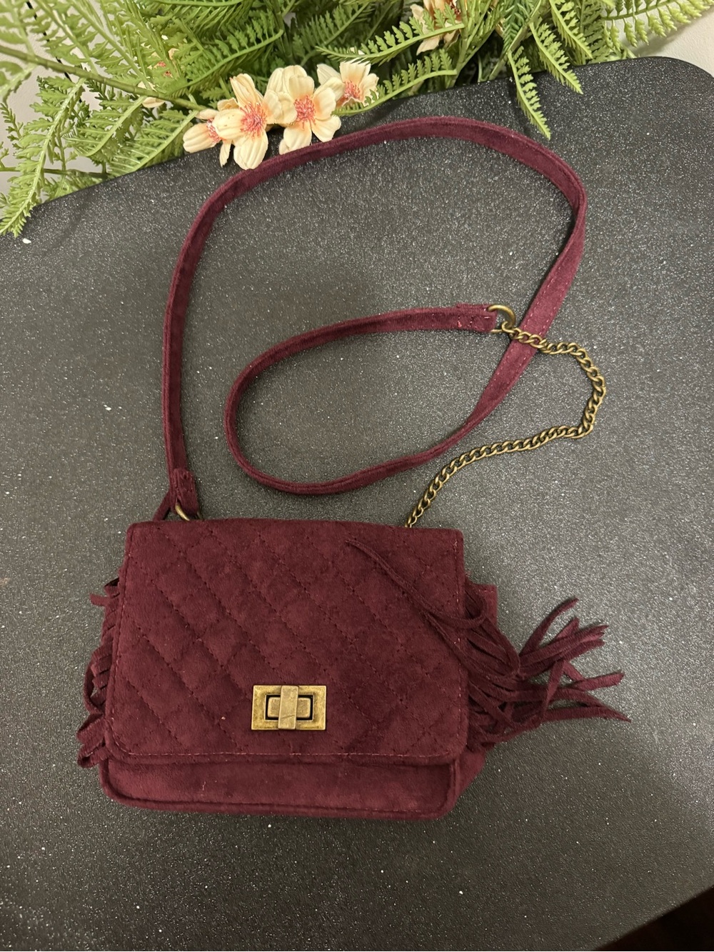 & Other Stories Quilted Burgundy Suede Crossbody with Fringe and Gold-Tone Chain